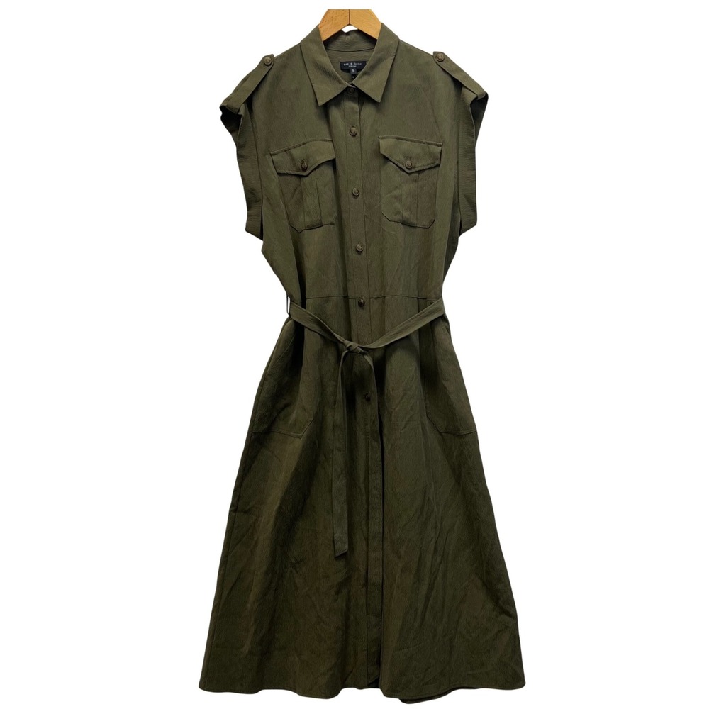 Rag & Bone Olive Green Tencel Utility Sleeveless Midi Shirt‎ Dress XL Belted But